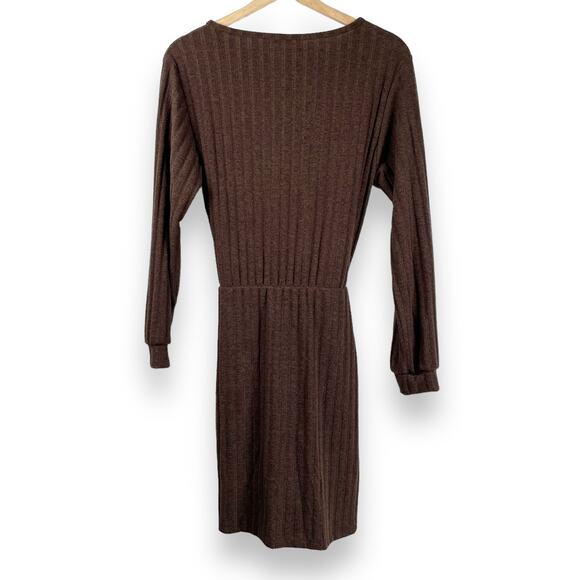 Fraiche by J Chocolate Brown Ribbed Knit Tie Front Long Sleeve Dress Size M - Picture 3 of 10